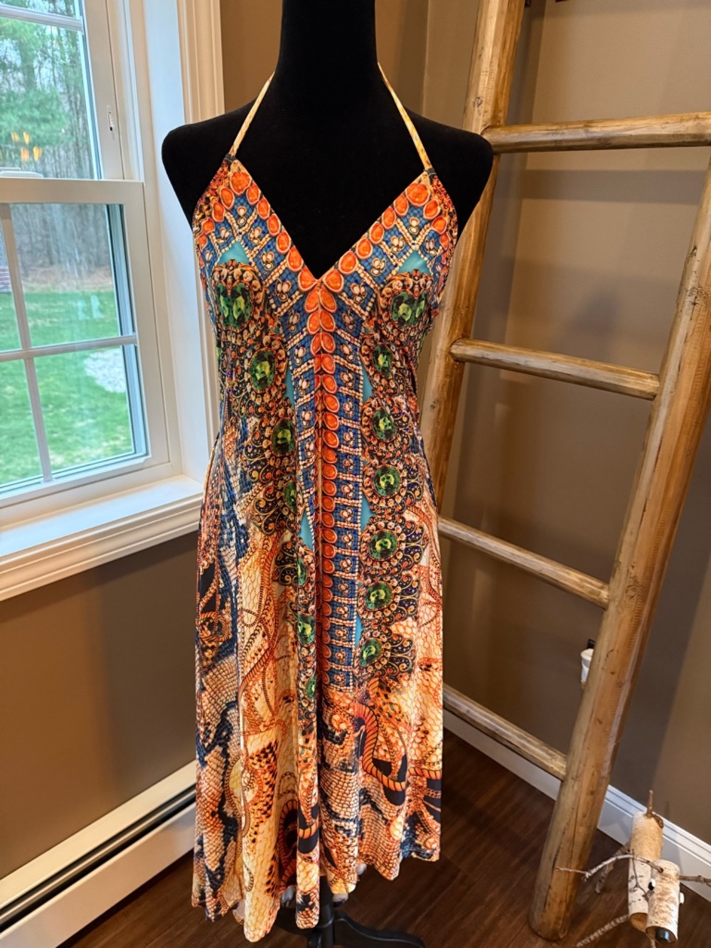 VENUS Multicolor Halter Midi Dress with Paisley Jewel Motif